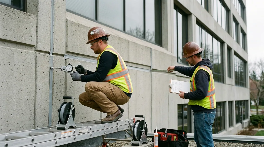 Elevations walked or dropped, joint types and widths recorded, and adhesion pull tests done on the — Fort Wayne, IN