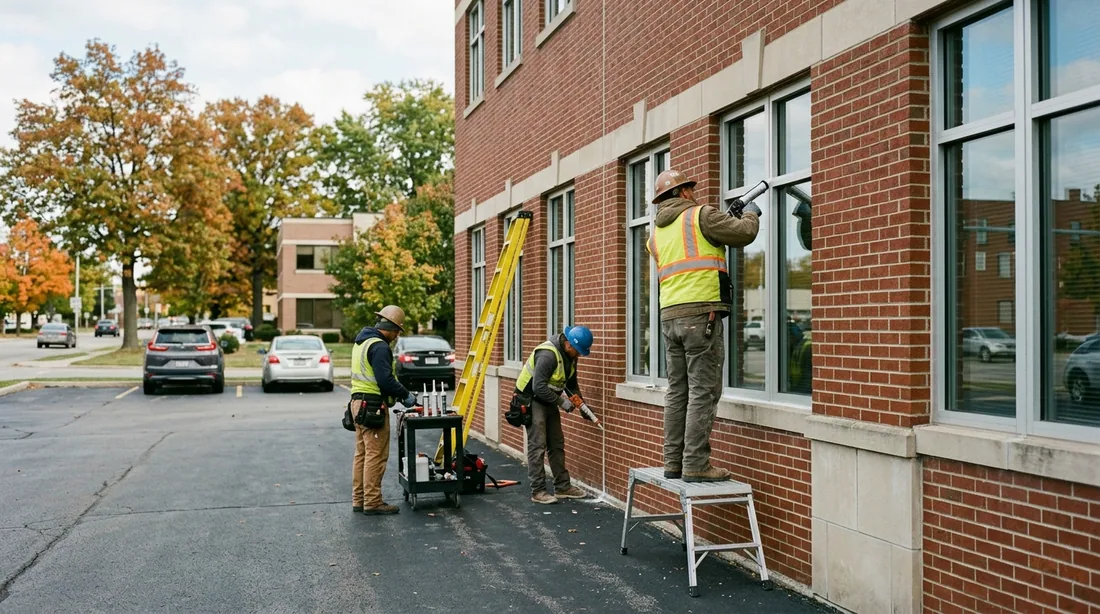 A small professional crew working on a commercial caulking job at a property, seen from behind and — Fort Wayne, IN